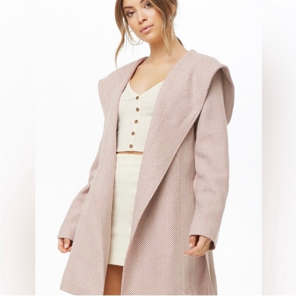 Medium Mauve Pink Chevron Belted Hooded Dress Coat Jacket NEW from Forever21 - Picture 1 of 11
